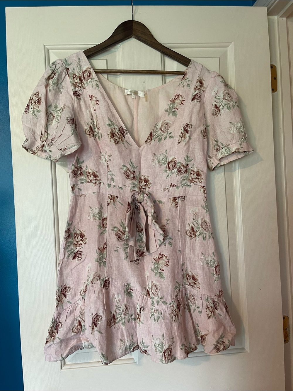 LoveShackFancy Pink Floral Linen Mini Dress Puff Sleeve Bow Detail Size Large - Picture 6 of 11